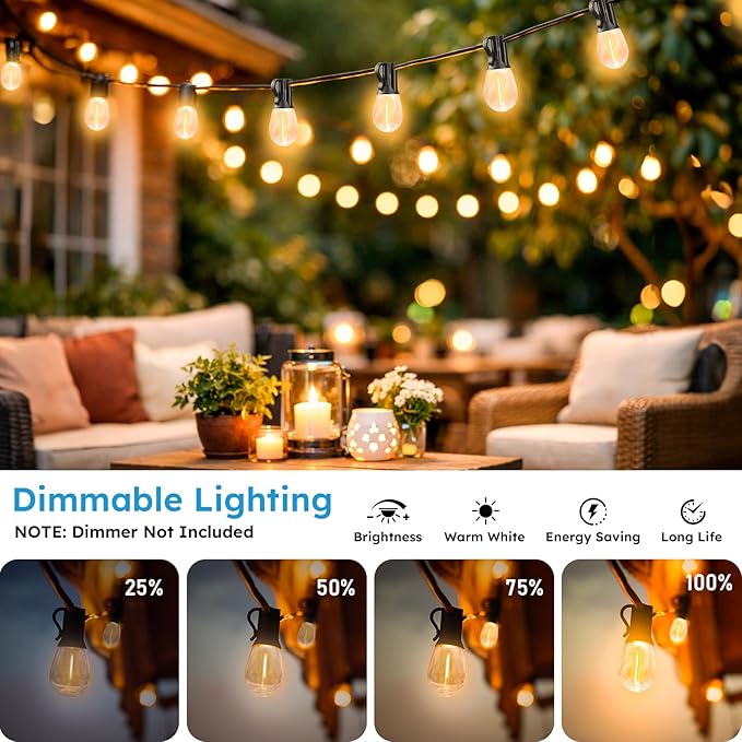 LED Outdoor String Lights, 100FT Waterproof Patio Lights with 32 Shatterproof S11 Plastic Bulbs, 2700K Warm White Edison Hanging Lights for Backyard, Garden, Porch, Bistro
