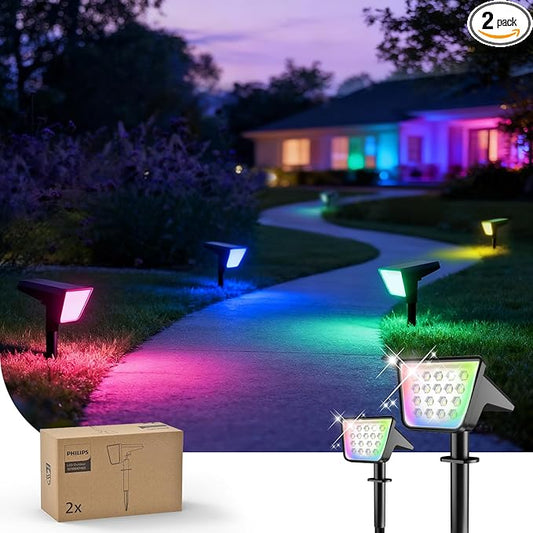 Philips 2 Packs Solar RGBW Spot Lights Outdoor, 18 LED Solar Powered Landscape Lights, 9 Lighting Modes Color-Changing Dusk to Dawn Waterproof Pathway Spotlights for Garden Trees Halloween Christmas