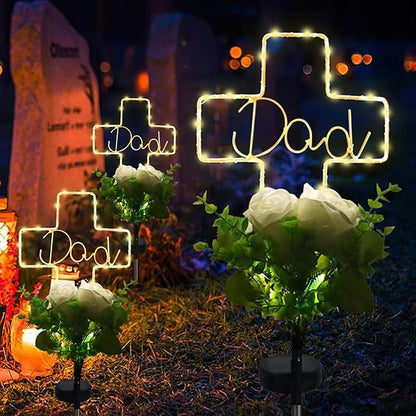 Lmtocs New Version Solar Cross Light for Cemetery Dad, 2 Modes with Rose Flower for Dad Grave Decorations, Waterproof Outdoor Light for Christmas Father Day Memorial Day Grave Decor