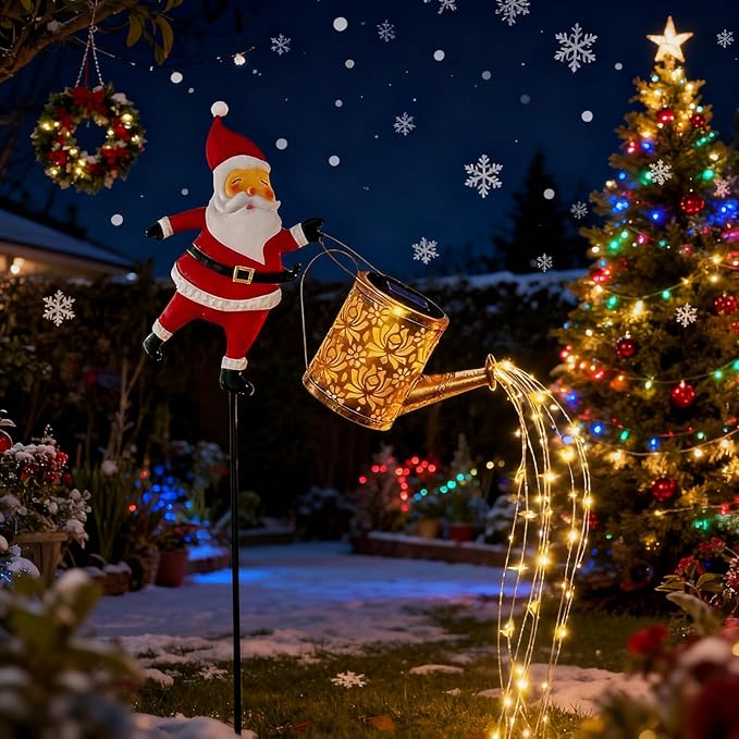 Christmas Solar Kettle Lights Garden Lawn Decorative Lights, Hanging Metal Solar Santa Claus Watering Can with LED Light, Instant Decor, Home Christmas Decorations for Outdoor Garden Lawn (Warm)
