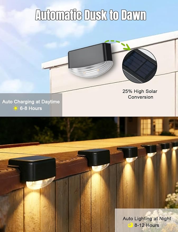 Solar Fence Lights 12 Pack, Outdoor Waterproof Solar Powered Step Lights, 3000K Warm White, Dusk to Dawn Auto On/Off Deck Light, Outdoor Lighting for Backyard, Step, Patio, Stair Railing, Wall, Porch