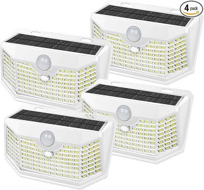 HMCITY 120 LED Outdoor Solar Lights with Motion Sensor and 3 Lighting Modes, IP65 Waterproof Wide Solar Wall Lights Ideal for Garden Patio Yard (Front Button 4Packs, White Shell-Daylight White)