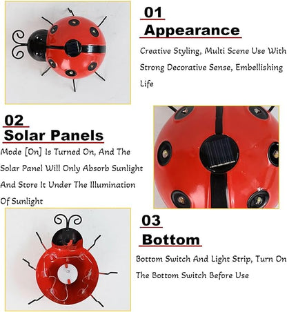 Solar Ladybug Lights Metal Garden Decor for Outside Cute Ladybugs Yard Art Lawn Ornaments Sculptures & Statues with Solar Lights Outdoor Fence Decoration for Patio