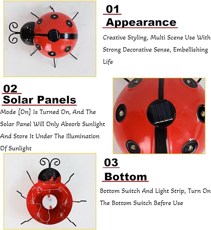 Solar Ladybug Lights Metal Garden Decor for Outside Cute Ladybugs Yard Art Lawn Ornaments Sculptures & Statues with Solar Lights Outdoor Fence Decoration for Patio
