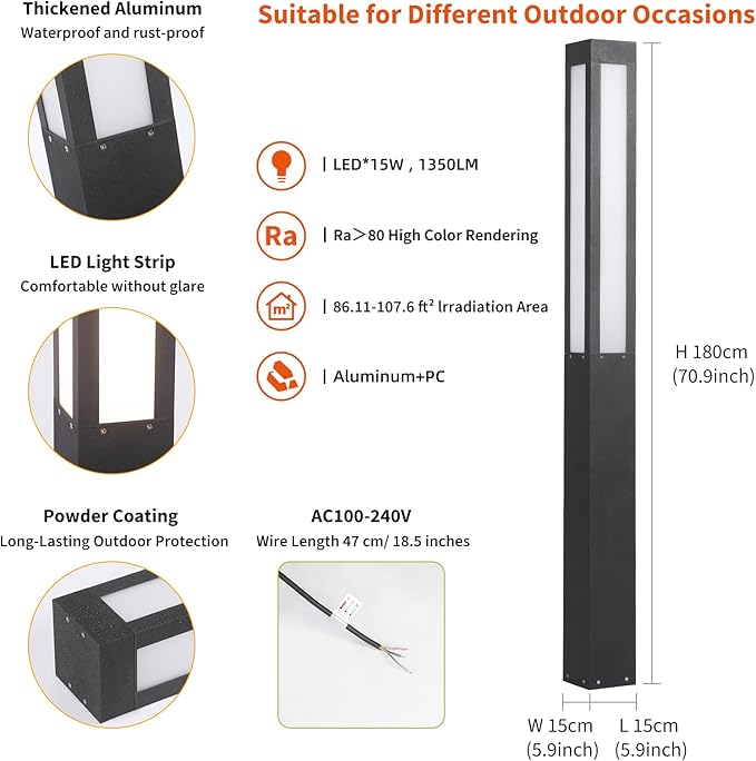 71" Tall Pathway Lights, Landscape Bollard Lights Outdoor, Modern Path Light Waterproof, Aluminum Driveway Light High Voltage Wired, 15W LED Lighting Walkway Lamp for Lawn Patio Yard Garden