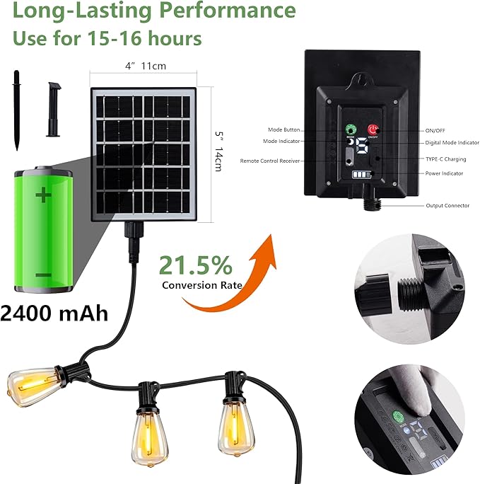 Solar String Lights Outdoor Waterproof 60 FT with Remote Control, 18 LED Shatterproof Bulbs, USB Charging, 3 Light Modes, Dimmable for Patio Garden Camping Backyard