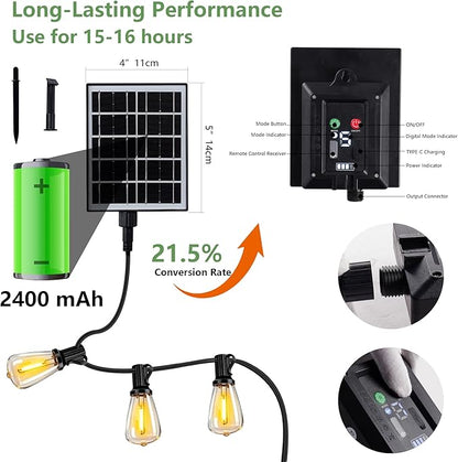 Solar String Lights Outdoor Waterproof 60 FT with Remote Control, 18 LED Shatterproof Bulbs, USB Charging, 3 Light Modes, Dimmable for Patio Garden Camping Backyard