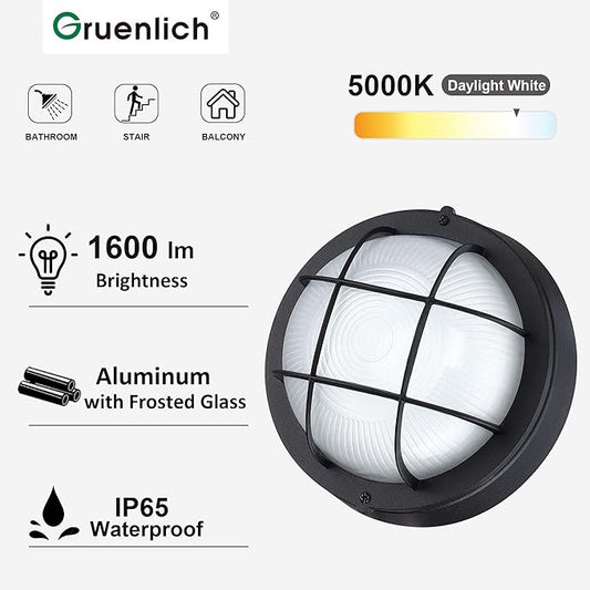 GRUENLICH 8'' Round LED Bulkhead Light, Outdoor Wall Lights Dimmable, Sauna & Exterior Lighting, ETL Rated, 15W 1600 Lumen, 5000K Daylight White, Black Cast Aluminum, Wall/Ceiling Mount, 1 Pack