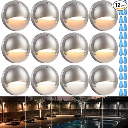 LEONLITE 12-Pack Update 5CCT LED Low Voltage Deck Lights, 180LM 3.5inch Landscape Step Railing Fence Light, 12-24V AC/DC, CRI90, Die-cast Aluminum Housing & Frosted Glass Lens, UL Cord, Satin Nickel