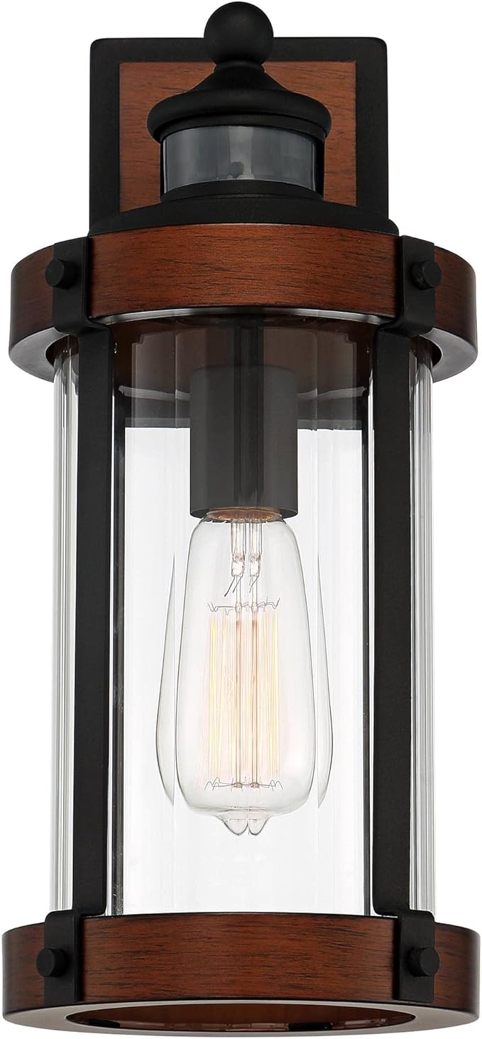 John Timberland Utley Industrial Outdoor Wall Light Fixture Dark Wood Finish Black 15 1/2" Motion Sensor Clear Glass for Exterior House Porch Patio Outside Deck Garage Yard Front Door Garden Home