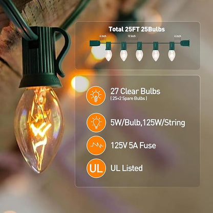 C7 Outdoor Christmas Lights, 25FT Warm White Vintage String Lights with 27 Clear Bulbs for Patio, Garden, Eaves, Waterproof Connectable, Classic Incandescent Glow