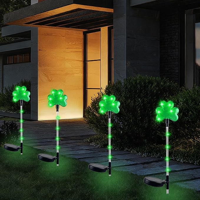 4 Pack Shamrocks Solar Lights St. Patricks Day Green Lucky Solar Light Outdoor Garden Pathway Stake Light Spring Yard Lawn Decor