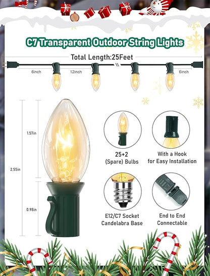 C7 Christmas Lights Outdoor, 25Ft Outdoor Christmas String Lights with 25 Warm White Incandescent Bulbs, Hanging Vintage Christmas Decorations Light for Roofline House Garden Patio Backyard