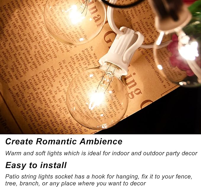 Abeja Outdoor String Light G40-100Ft with 105 Edison Glass Bulbs, 5W, E12 Socket Base, UL Listed Waterproof for | Lumora
