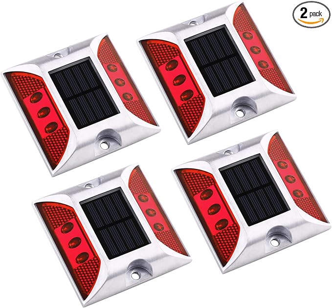 Aolyty Solar Driveway Marker Lights Outdoor, IP68 Waterproof Solar Dock Lights, Bright Warning Flashes Lights Reflective Road Marker for Deck Sidewalk Stair Garden Pathway (Red, 4 Pack)