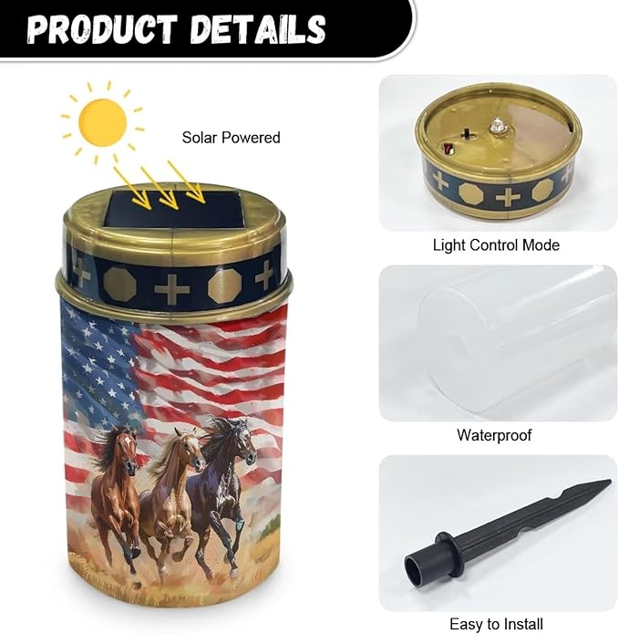 Poceacles Solar Candle Cemetery Solar Lights for Grave LED Garden Lights Solar Powered Solar Pathway Lights Outdoor Waterproof with Dusk to Dawn Sensor, Horse American Flag