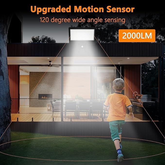 Solar Wall Light Outdoor, 3-Mode Lighting Wall Light, 2000Lm IP65 Waterproof Type 2 Optical Lens 104 LED with Fast Respond 120° PIR Motion Sensor for Building Exterior, Garden, Pathway