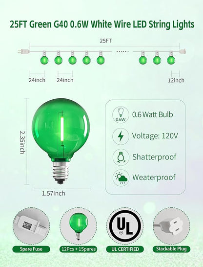 25Ft G40 Green LED String Lights with White Wire - Shatterproof Outdoor Patio Lights for St. Patrick's Day, Porch & Dorm Decor - Connectable, Waterproof, 12 Bulbs + 1 Spare