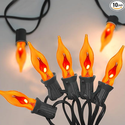 C18 Flickering Flame String Lights, 10Ft Halloween Decorations String Lights with 10 Flickering Flame Bulbs for Outdoor Garden Yard Home Halloween Party, Clear Orange- Black Wire