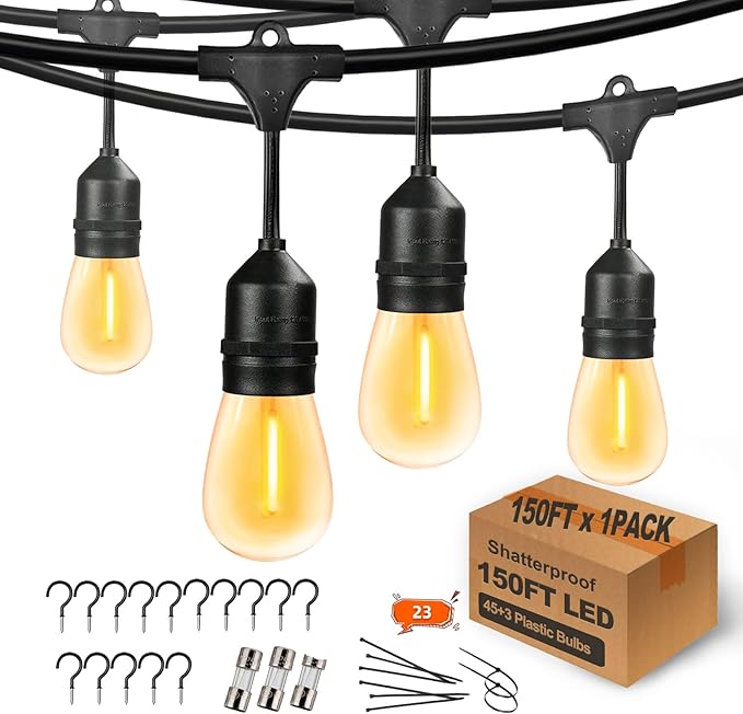 150 FT Outdoor String Lights for Outside Black with 48pcs Replaceable S14 Edison Lights 2200K, Weatherproof for | Lumora