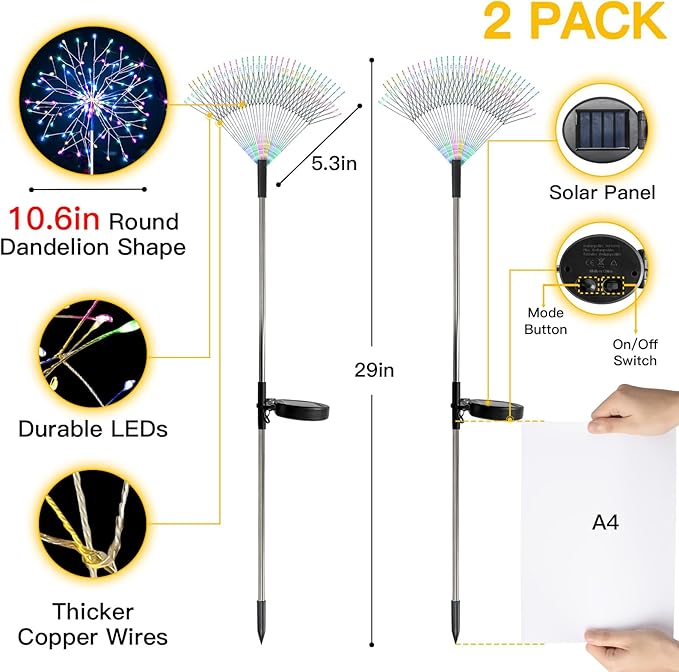 suddus Solar Garden Lights Outdoor Waterproof Decorative, 2Pack 150LED Firework Lights 8 Modes, Multicolor Solar | Lumora