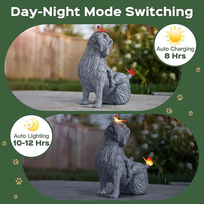 DyBaxa Garden Décor, Garden Statues, Gifts for Women, Mom, Grandma, Patio, Balcony, Yard Decorations Outdoor - Unique Solar Decor Birthday & Housewarming Gifts, Dog Statue with Butterfly Light
