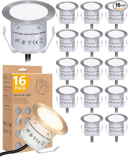HIBOITEC Recessed LED Deck Light Kits(16Pack), 12V Low Voltage Landscape Lighting IP67 Waterproof Outdoor Step Stair Lights Warm White Deck Lighting for Garden Yard Steps Stair Patio Floor Decoration
