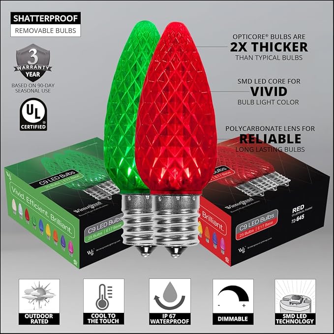 Wintergreen Lighting 50 C9 OptiCore LED Commercial Outdoor Christmas Lights – Heavy Duty Christmas String Lights; Green Wire (50 ft, Red/Green)