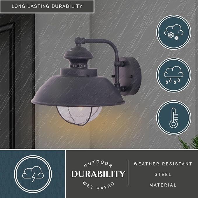 VAXCEL Harwich 10.25 in. H 1-Light Textured Gray Coastal Outdoor Wall Sconce Made of Durable Steel, Clear Seeded Glass Shade, LED Compatible, Use for Exterior Porch Patio Front Door or Garage