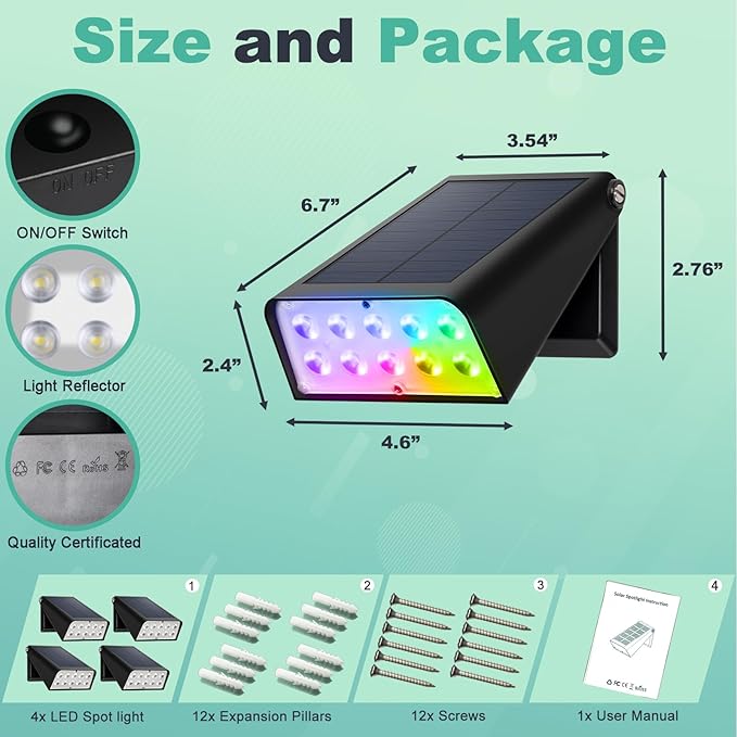 Solar Lights Outdoor Waterproof, 6-Mode RGBW Color Changing, 90° Adjustable, Auto On/Off for Fence, Patio, Garden, Yard, Pathway, Porch (4-Pack)