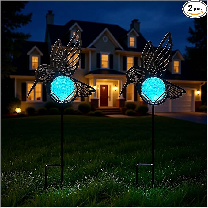 Hummingbird Solar Lights Outdoor Decorations, 2 Pack Metal Iron Solar Stake Lights for Yard, Garden, Lawn Decor