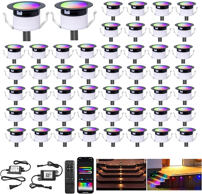FVTLED LED Deck Lights Kit, Φ1.22 Low Voltage WiFi Pixel RGBW+IC Multi-Color Dynamic Deck Lighting with Remote Control, IP67 Waterproof Outdoor Step Lights DC12V for Garden,Steps,Stair(50 Pack, Black)