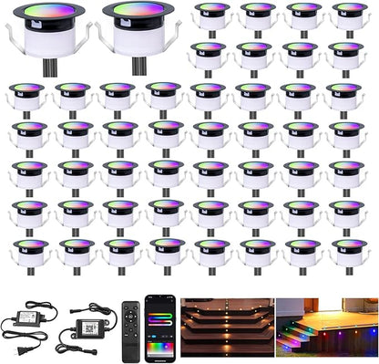 FVTLED LED Deck Lights Kit, Φ1.22 Low Voltage WiFi Pixel RGBW+IC Multi-Color Dynamic Deck Lighting with Remote Control, IP67 Waterproof Outdoor Step Lights DC12V for Garden,Steps,Stair(50 Pack, Black)