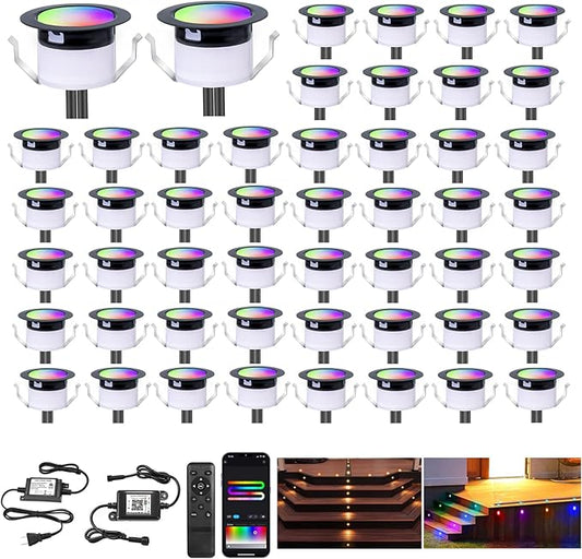 FVTLED LED Deck Lights Kit, Φ1.22 Low Voltage WiFi Pixel RGBW+IC Multi-Color Dynamic Deck Lighting with Remote Control, IP67 Waterproof Outdoor Step Lights DC12V for Garden,Steps,Stair(50 Pack, Black)
