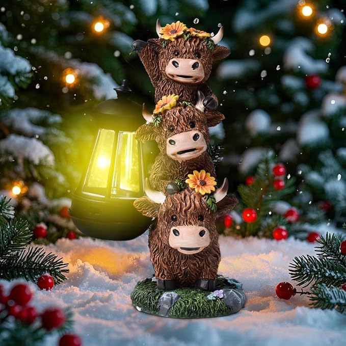 Solar Stacking Highland Three Cute Cow Garden Decor, Outdoor Statue Decorative Resin Light for Yard Decorations Lawn Patio Pathway