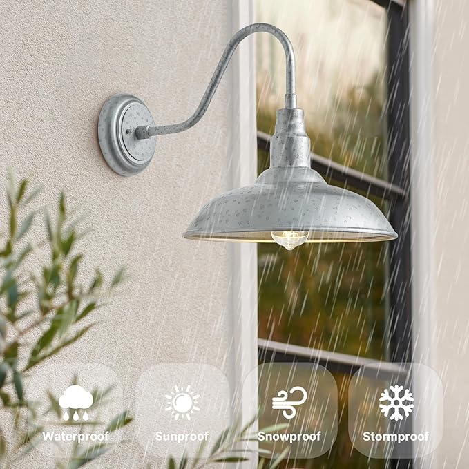 14 Inch Barn Farmhouse Outdoor Light Fixture, 2 Pack Exterior Gooseneck Lights with Galvanized Steel Finish | Lumora