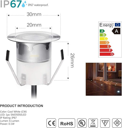 Recessed LED Deck Lighting Kits 12V Low Voltage Cool White Waterproof IP67,Led In Ground Lighting for Steps,Stair,Patio,Floor,Pool Deck,Kitchen,Outdoor LED Landscape Lighting(20Pack)