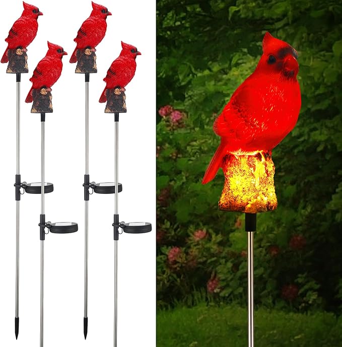 Baquler 4 Pack Solar Cardinal Stake Light Cardinal Decor Garden Red Bird Figurine Memorial Solar Light Outdoor Pathway Yard Lawn Ornaments for Outside Decorations Grave Valentine Gifts Women