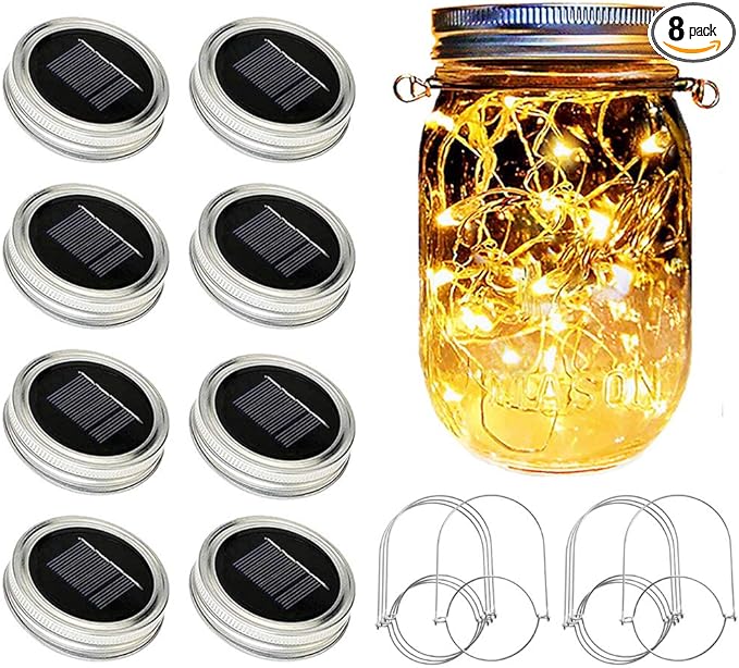 SunKite Solar Mason Jar Lights [Updated], 8 Pack 20 LED Waterproof Fairy Firefly Jar Lids String Lights with | Lumora