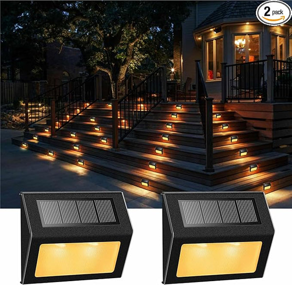 XLUX Solar Lights for Steps Decks Pathway Yard Stairs Fences, LED lamp, Rainproof, Black Metal Housing, 2 Pack(Warm | Lumora