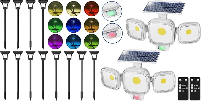 CINOTON 12 Pack RGBCW Solar Pathway Outdoor Lights and Solar Motion Sensor Outdoor Lights White2 Pack