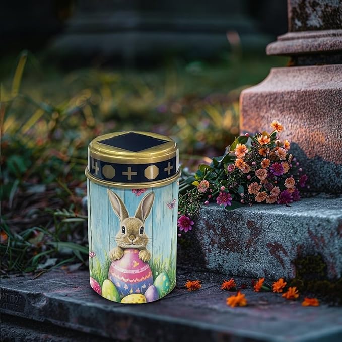 Easter Cemetery Solar Lights for Grave Rabbit Wood Decorative Graveside Solar Lights for Cemetery Waterproof Solar Pathway Lights for Grave Cemetery Decorations Solar Candle 2 Pack