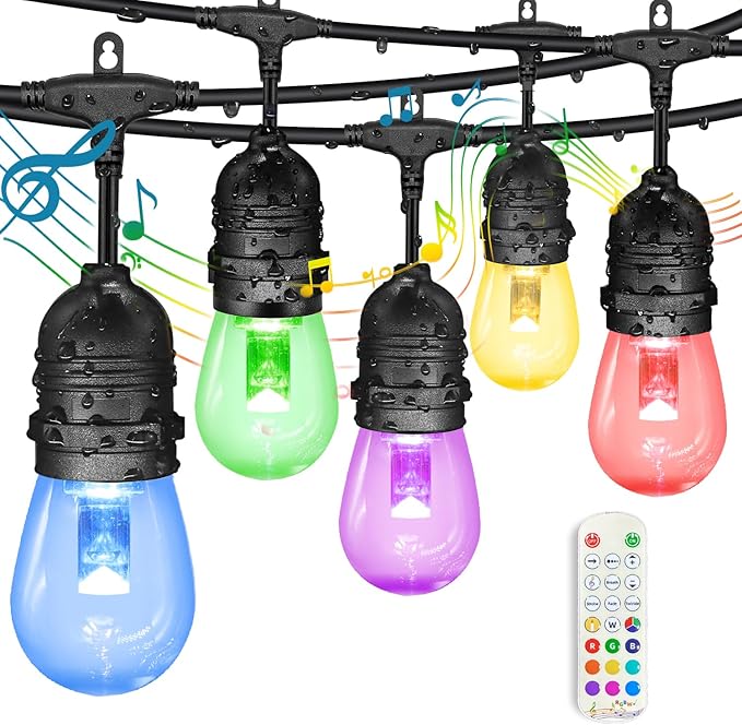 GANA Outdoor String Lights, Patio Lights 96FT Music Flash RGBW Colourful, Safe 12V Low Voltage LED Shatterproof | Lumora