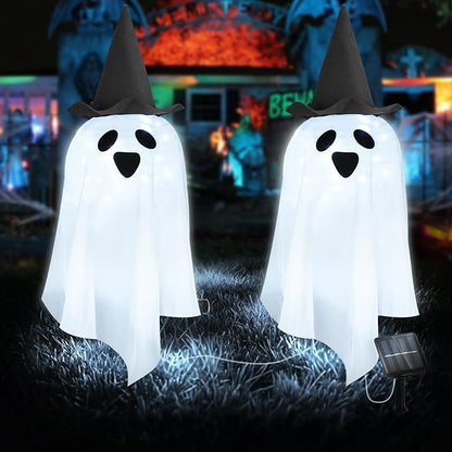 Solar Halloween Ghost LED Lights Outdoor, Set of 2 Big Ghost with Hat Stake Lights 2 Modes for Outdoor Halloween Pathway Yard Garden Decoration (Cool White-Ghost, 2 Pack)