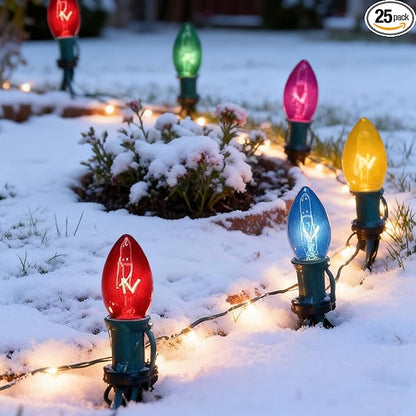 C9 Christmas Pathway Lights Outdoor, 38Ft Vintage Christmas Decorations String Lights with 27 C9 Multicolor Bulbs and 25 Stakes, Outside Walkway Lights for Driveway Sidewalk Yard Path Xmas Decor