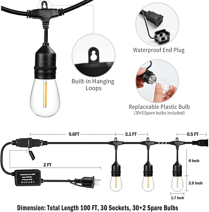 100FT String Lights for Outside with 30+2 Bulbs, Remote & Dimmer, Patio String Lights with 3 Light Modes & Timer | Lumora