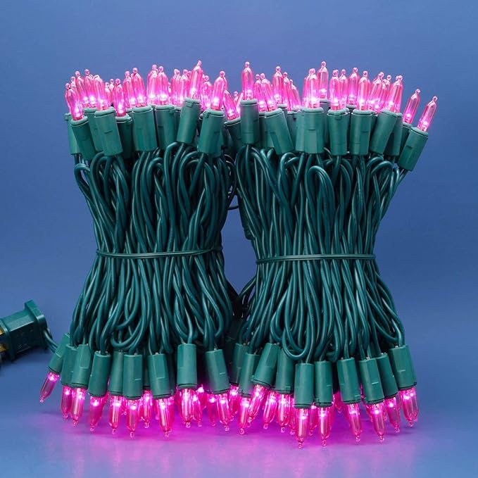 200 Count Pink LED Christmas Lights, 66 ft Green Wire UL Certified Commercial Grade Holiday String Light Set (Pink)