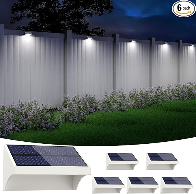 NIORSUN Outdoor Fence Lights, 6 Pack Waterproof LED Solar Fence Lights with 1500mAh Battery, Warm White/Cool White/RGB, Easy-to-Install Wall Light for Deck, Patio, Railing, Stairs, Backyard – White