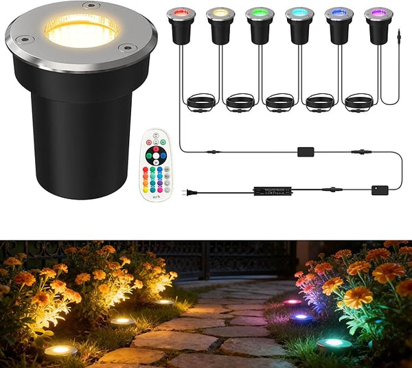 LOHAS Dusk to Dawn Low Voltage Landscape Lighting Warm White + RGB Modes, 6 Pack IP65 Outdoor In Ground Lights with | Lumora