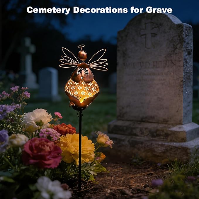 VEEKI Solar Garden Lights, Metal Solar Angel Garden Stake Lights Outdoor Waterproof, Angel Decor Solar Lights for Cemetery Grave Yard Patio Path, Sympathy Memorial Gift for Lost Love One